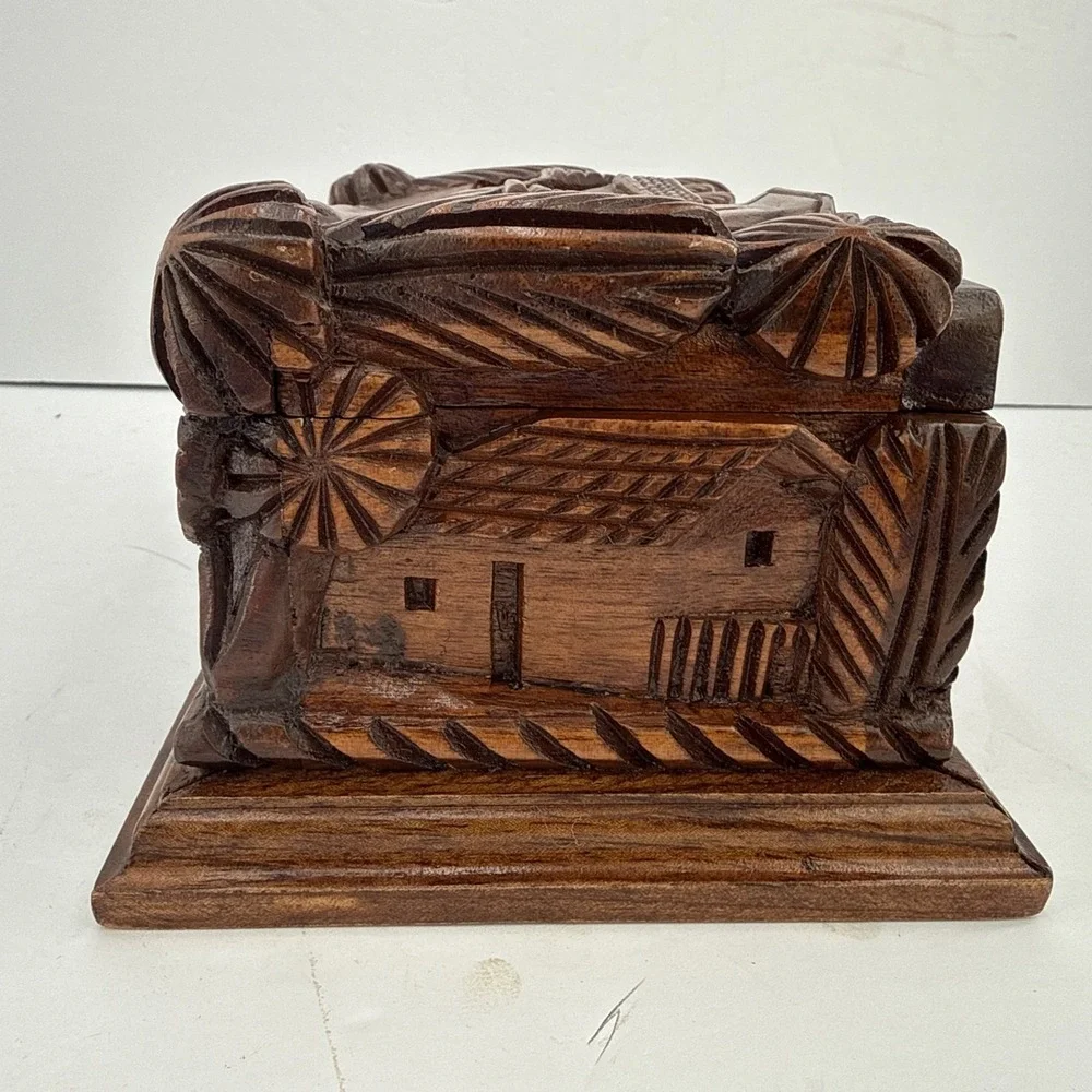 Vintage Hand Carved Folk Art Wooden Jewelry Trinket Box Red Velvet Lined